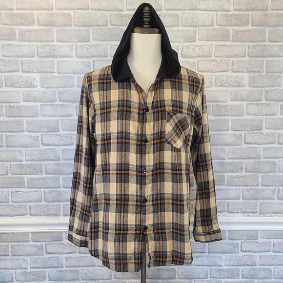 Plaid Hooded Flannel Button Up Mens Shirt M New Wave Street Culture Devil King - Picture 1 of 8